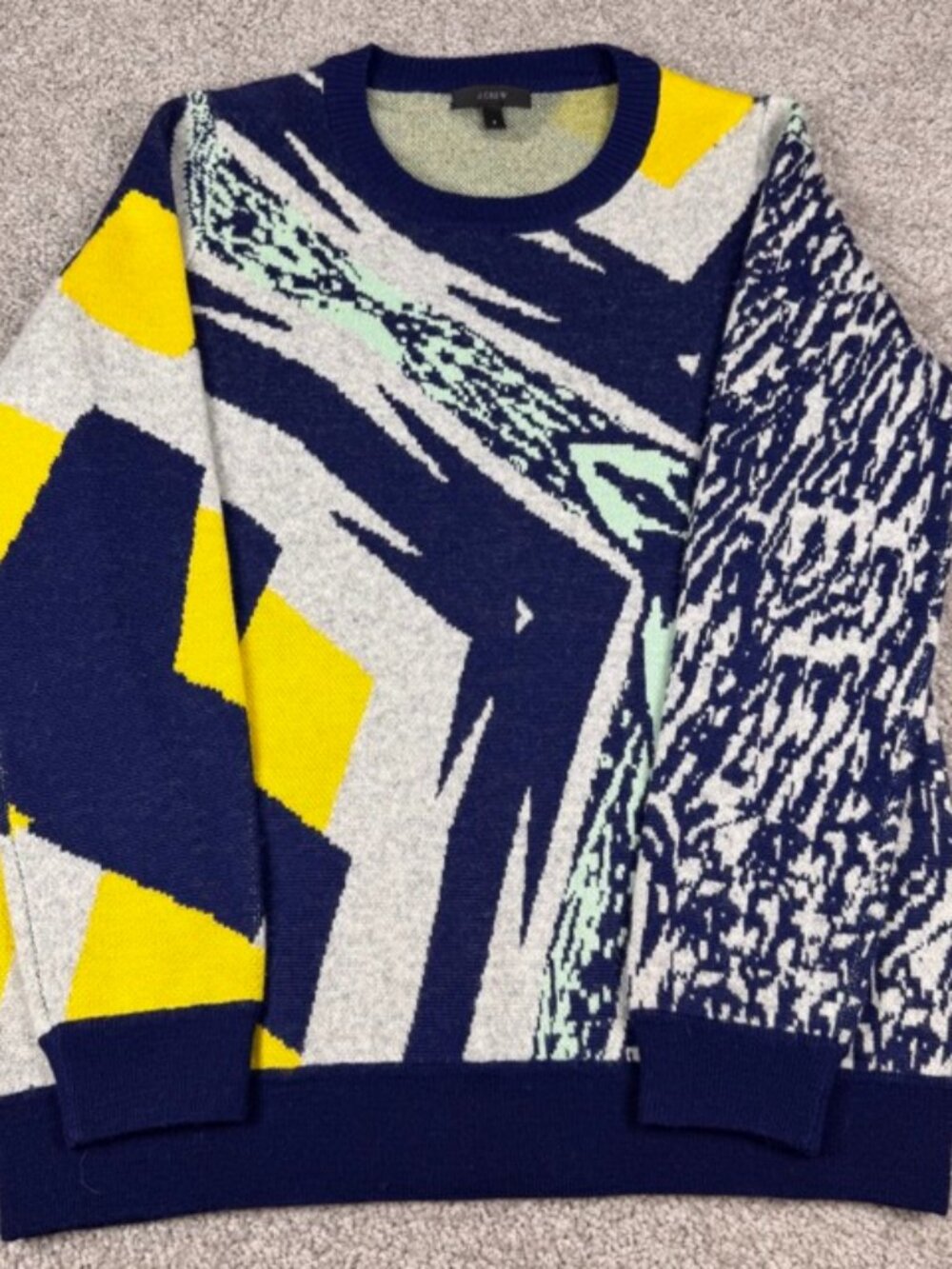 J. Crew Blue Yellow Crewneck Abstract Intarsia Knit Wool Sweater Women's Small